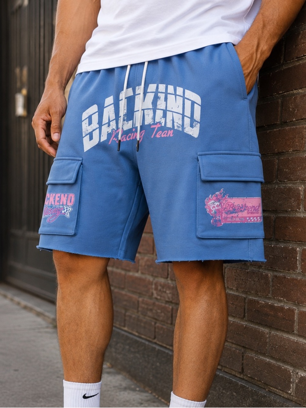 Backend Original Blue Racing Team Athletic Fleece Cargo Shorts for Men - Picture 2 of 11
